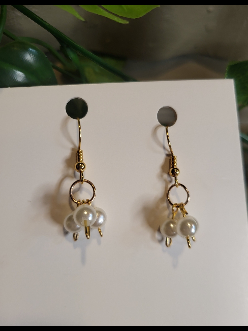 Handmade Elegant Gold-Tone Drop Earrings with White Pearl Clusters
